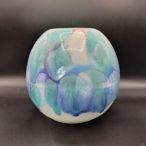 Vtg JK Dryden Pottery Green Blue Drip Glaze Vase Hot Springs Arkansas 6"